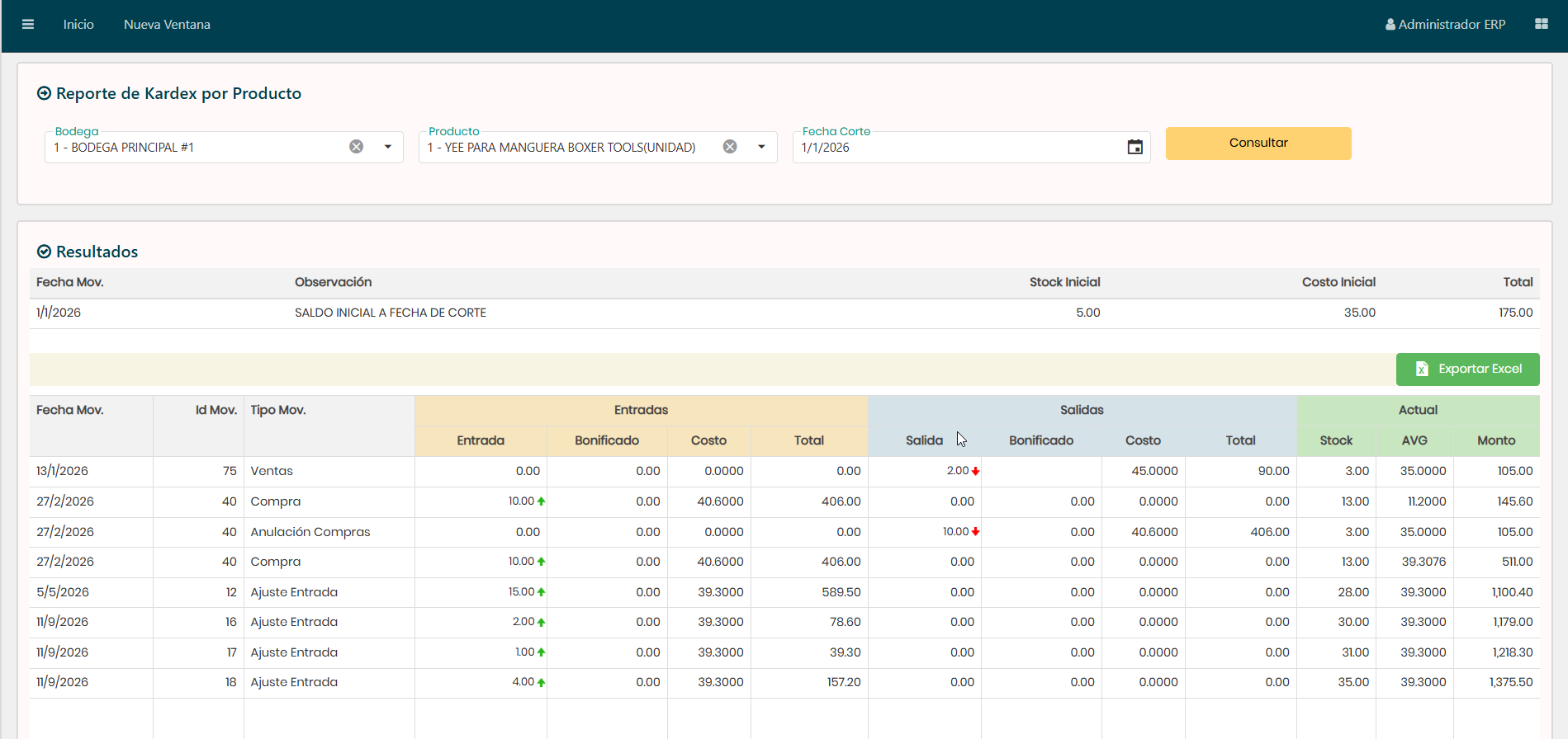 Pantalla real del módulo de Control de inventario en Servus ERP